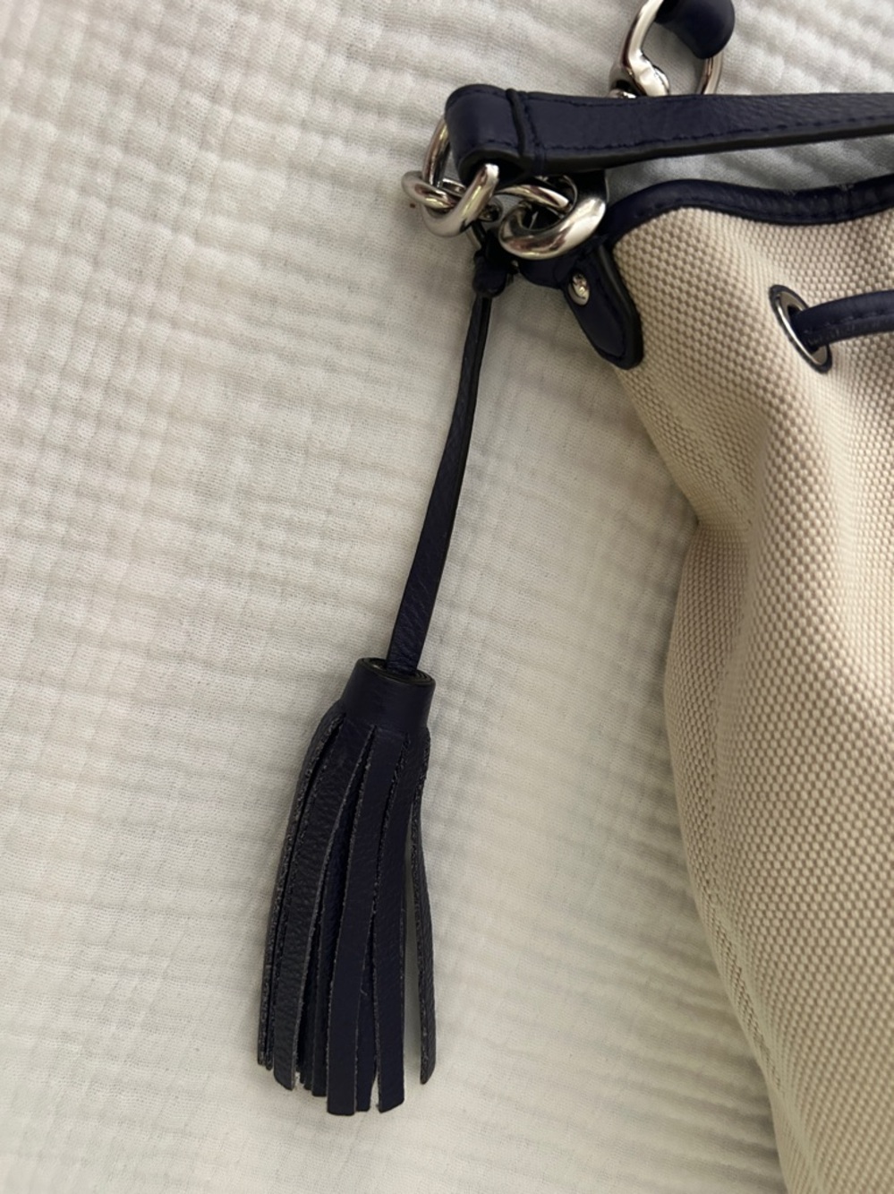 Coach Canvas + Navy Leather Drawstring Shoulder Bucket Bag Silver Hardware EUC - Picture 3 of 13